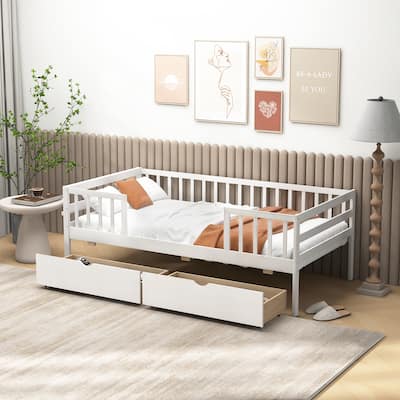 Gymax Twin Size Kids Bed w/ Storage 2 Pull-out Drawers Side Shelf for