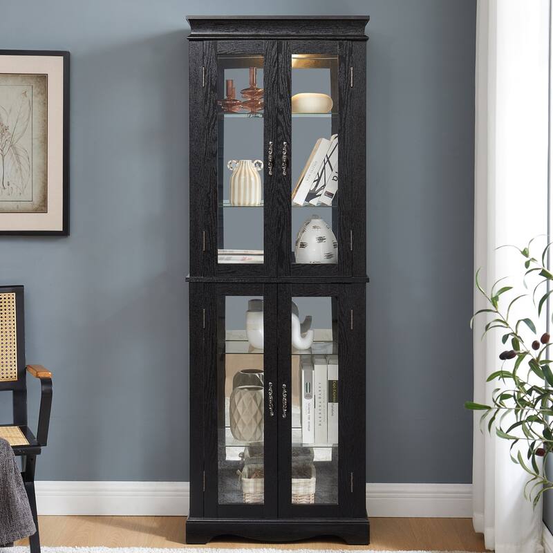 Elegant Black Wooden Curio Cabinet - Glass Display Case With Built-In Lighting For Wine & Collectibles‌