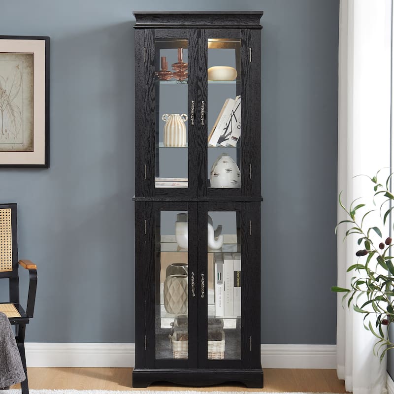 GDF Studio - Tall Lighted Curio Cabinet with Six-Tier Display and Wood Frame. - Black.