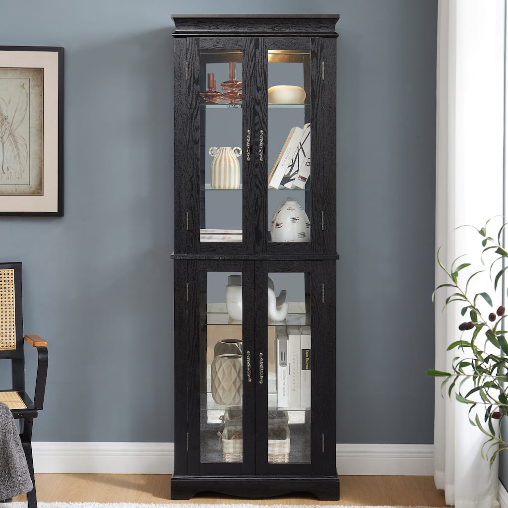 GDF Studio - Tall Lighted Curio Cabinet with Six-Tier Display and Wood Frame.