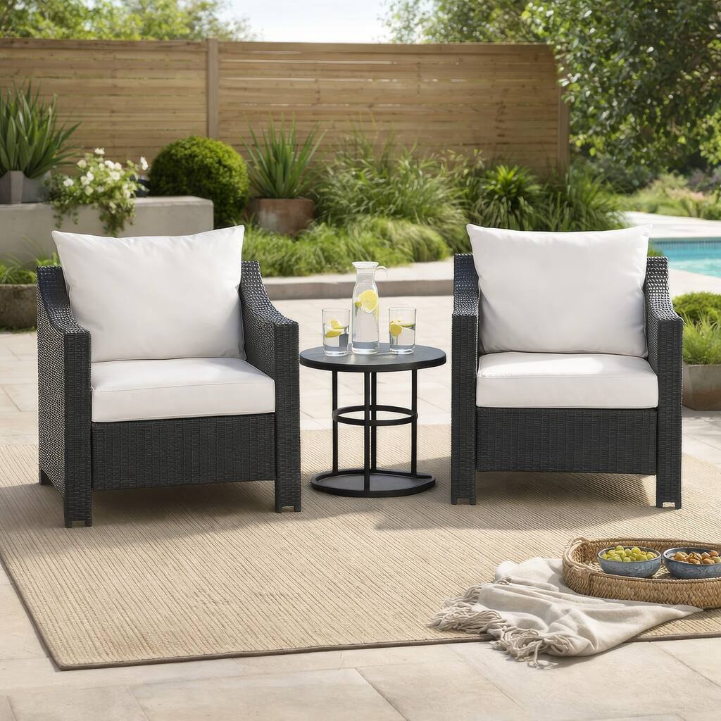 Annie Outdoor Armchair Set of 2, White Fabric, Gray PE Rattan Wicker, Iron