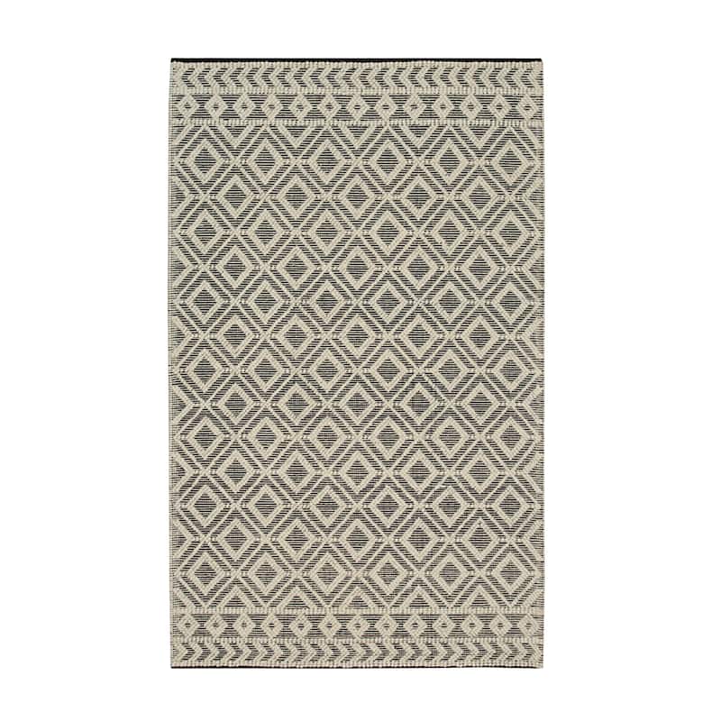 Ivory and Black Contemporary Geometric Durrie Kilim Area Rug - Modern and Chic Design