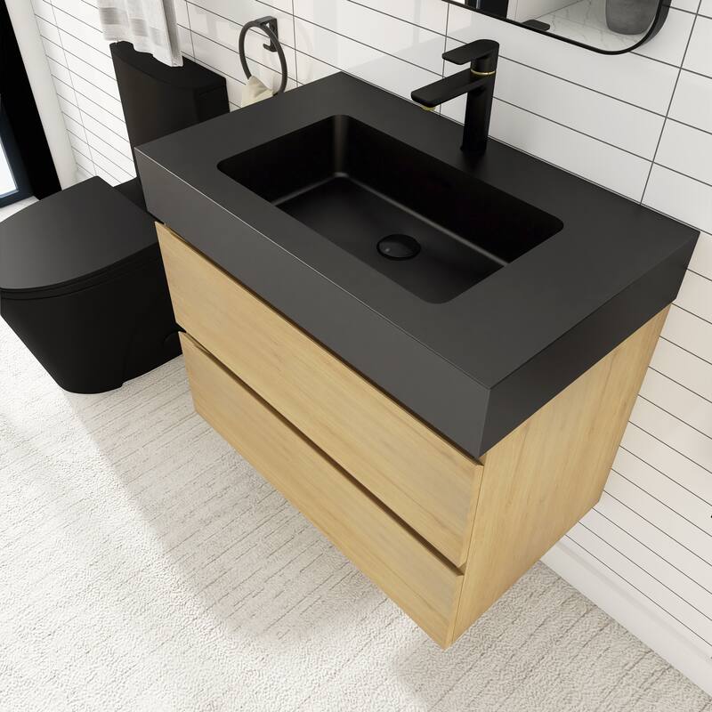 Floating Bathroom Vanity with Black Solid Surface Top