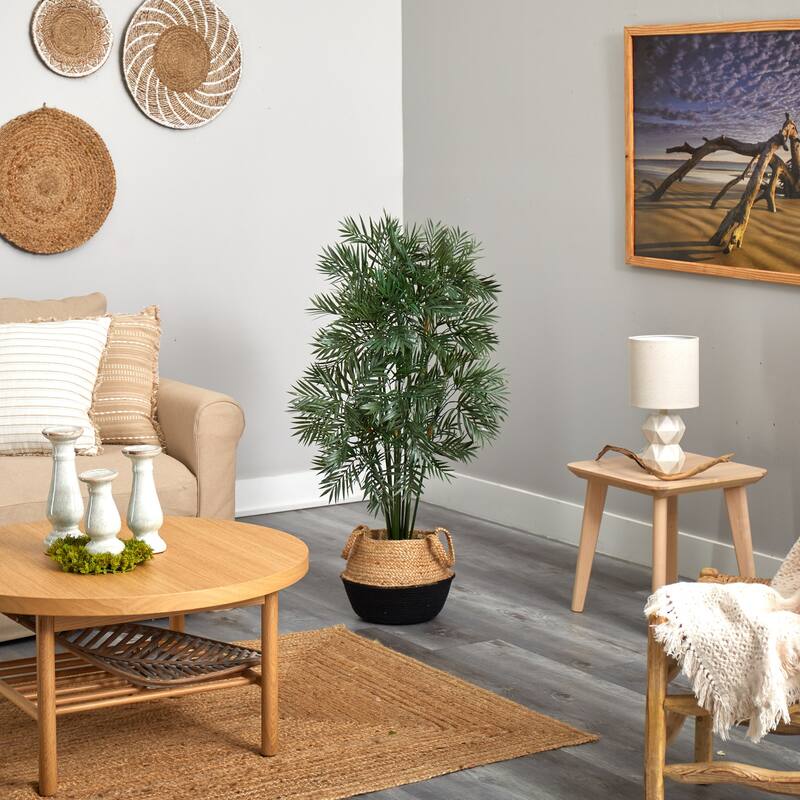 Artificial Palm Tree 4ft Indoor Tropical Plant with Black Woven Planter - Green - 41-50 Inches