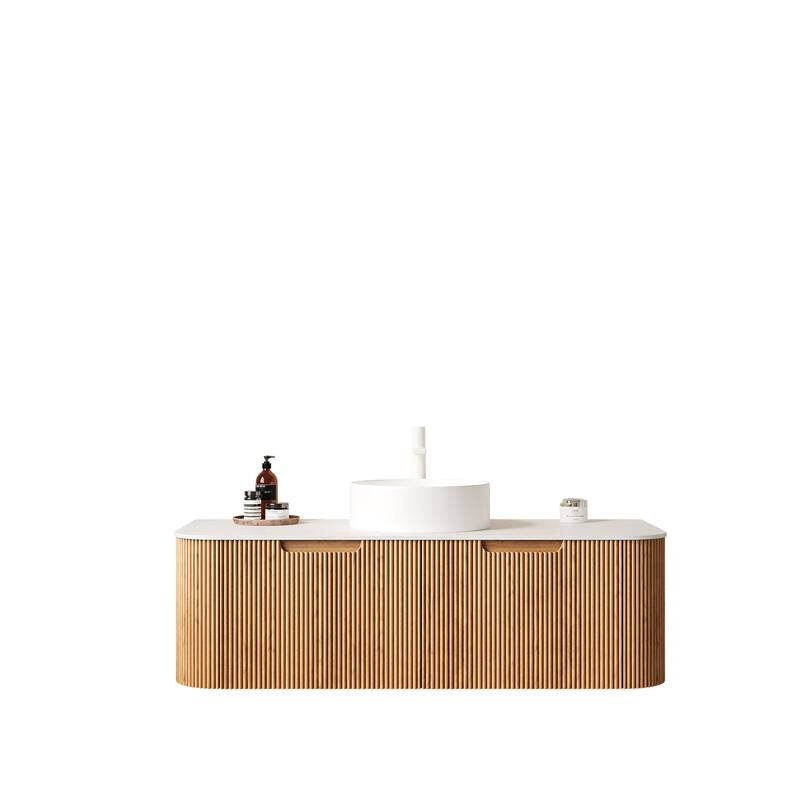 Wall-Mounted Floating Curved Edges Striped Bathroom Vanity with Sink without Faucet