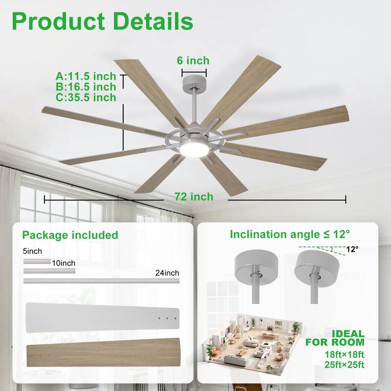 Modern 72 Inch 8 Blade Outdoor large Ceiling Fans with Lights: Dimmable Indoor Reversible 6 Speed Quiet DC Motor