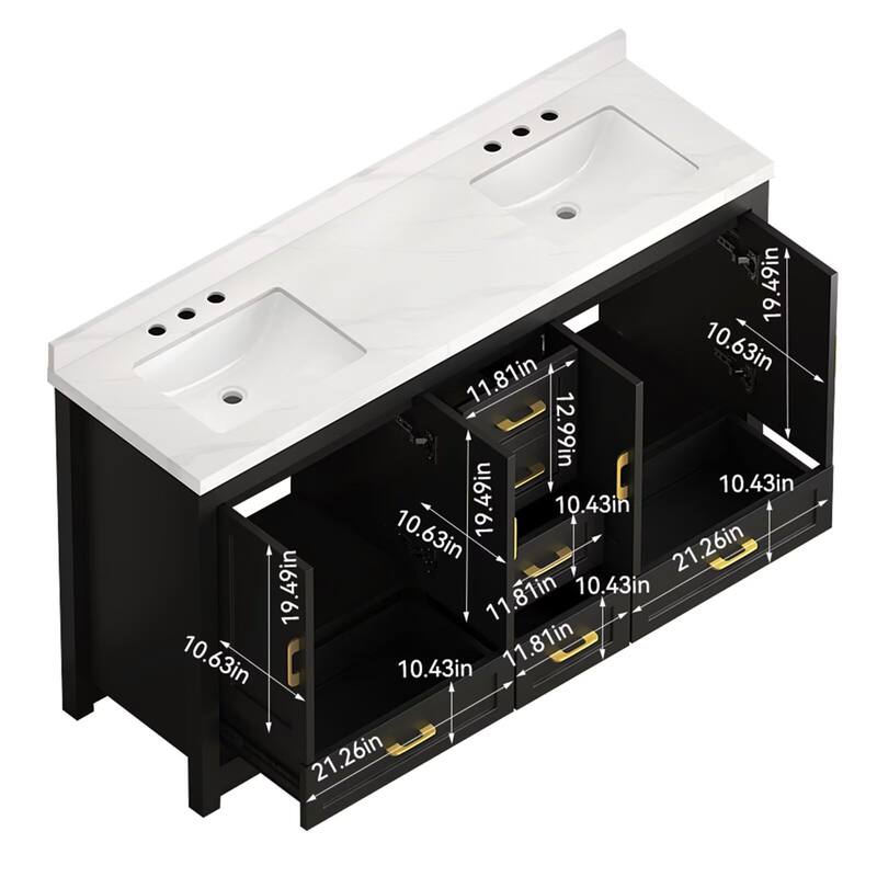 60" Bathroom Vanity Abundant Storage Cabinet - 4 Soft Close Doors and 5 Drawers