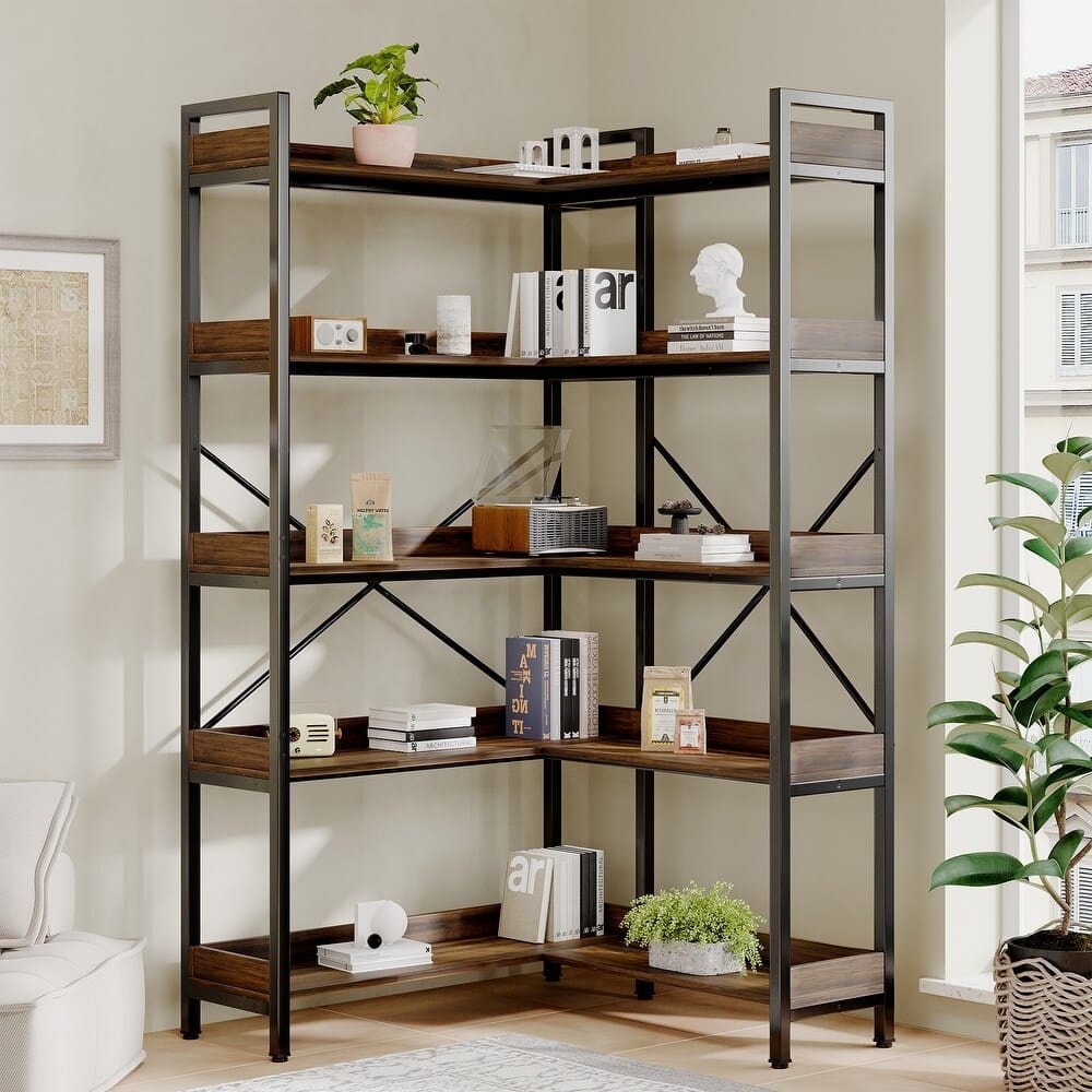 5-Tier Industrial Corner Bookshelf with Metal Frame and Wood Shelves
