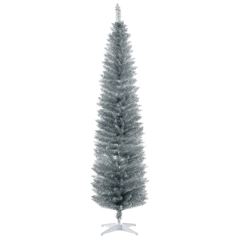 7 Foot Artificial Pencil Christmas Tree Unlit 499 Tips Slim Plastic Easy Assembly Flame Retardant Holiday Decor - Silver