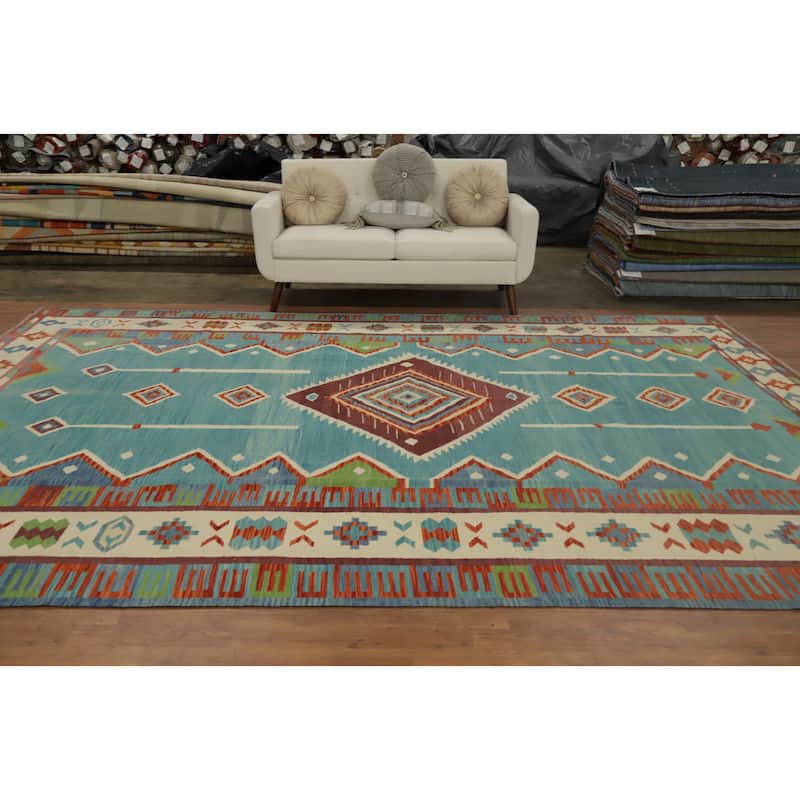 Hand Woven Oriental 100% Wool Carpet Southwestern Tribal Navy Blue & Blues Kilim Area Rug - 13' 0'' X 9' 7''