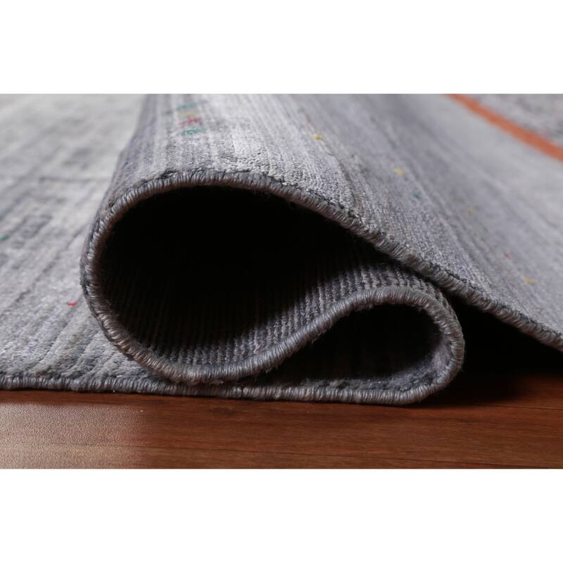 Hand Knotted Oriental Viscose Silk Carpet Tribal Stripe Greys & Charcoal Gabbeh Area Rug - 10' 0'' X 8' 4''