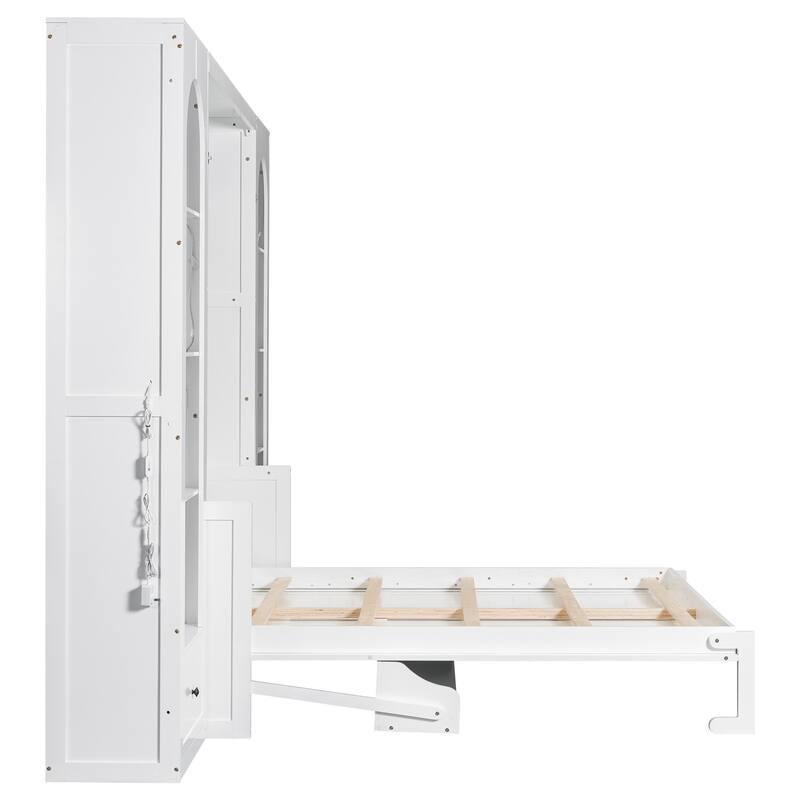 Roomfitters Queen Size Murphy Platform Bed with Shelves, Side Cabinets, Drawers and LED Lighting, Space-Saving Wall Bed, White