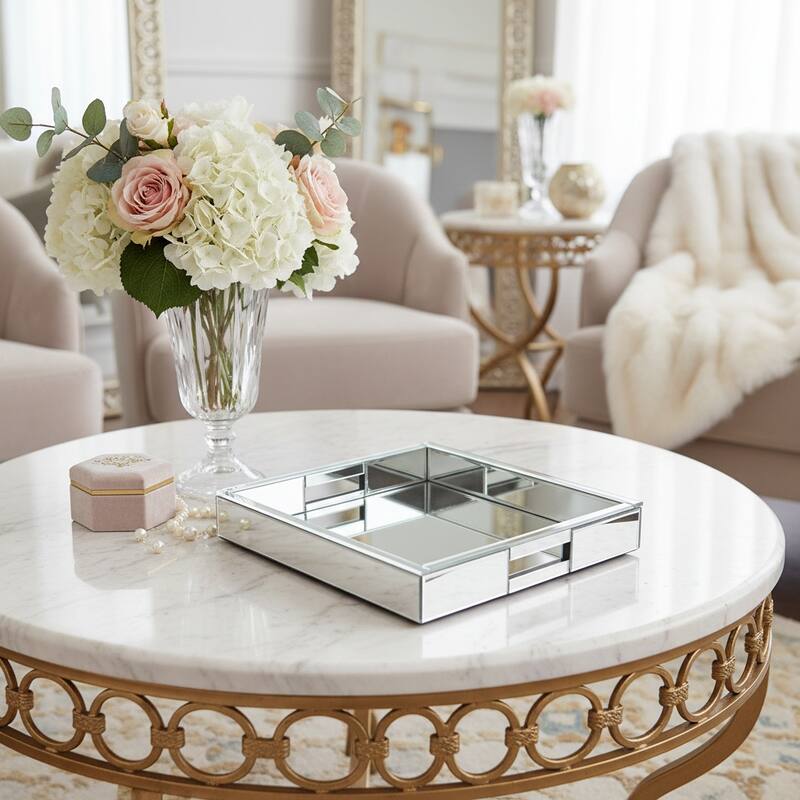 HomeRoots 16" Silver Mirrored Glass Serving Tray With Handles - 16.14 in. x 14.17 in. x 2.36 in.