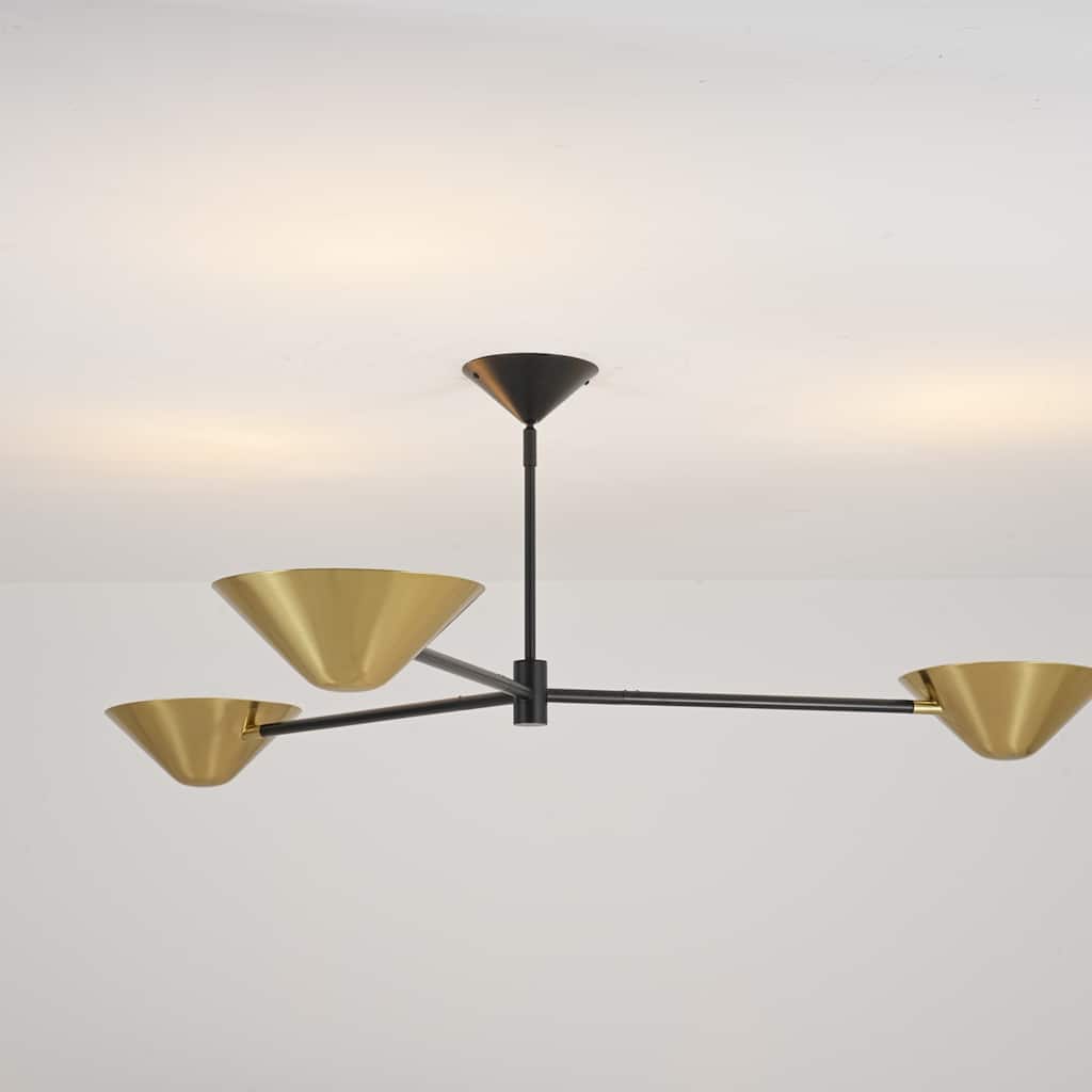 53.93" W 3-Light Modern Black & Brass Linear Sputnik Cone Semi-Flush Mount Ceiling Light - 53.94" W × 16.93" H