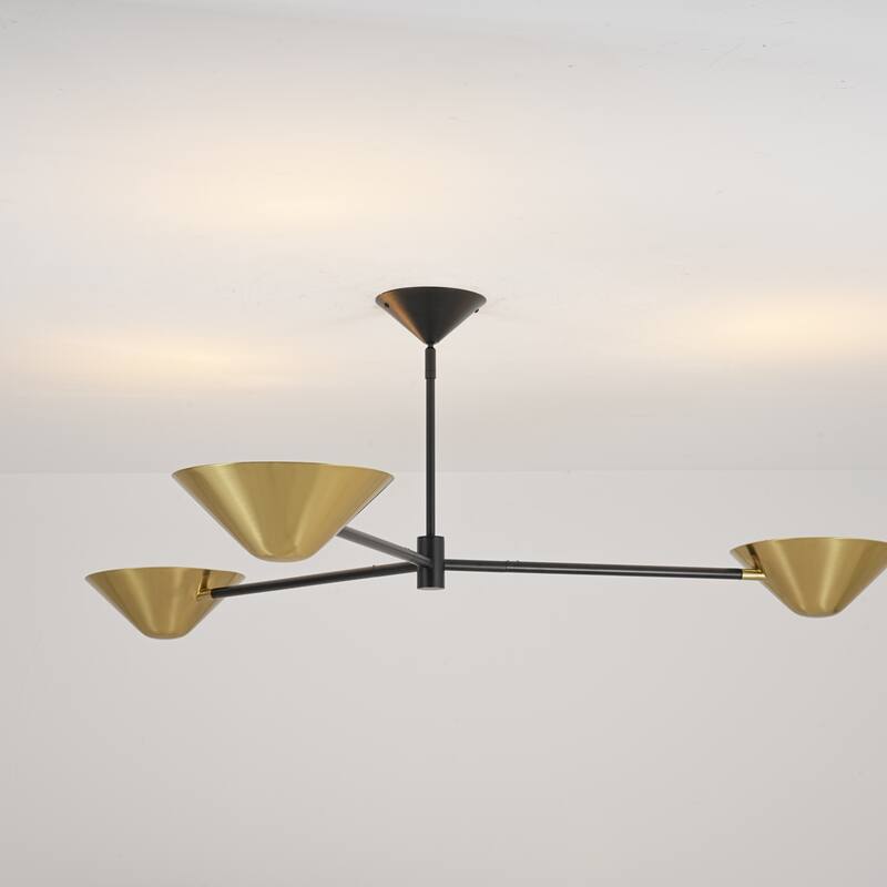 53.93" W 3-Light Modern Black & Brass Linear Sputnik Cone Semi-Flush Mount Ceiling Light - 53.94" W × 16.93" H