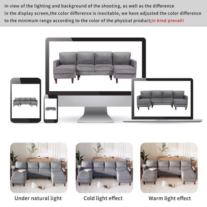 103" Polyester U-Shaped Sectional Sofa with Sponge-Filled Cushions and Solid Wood Legs