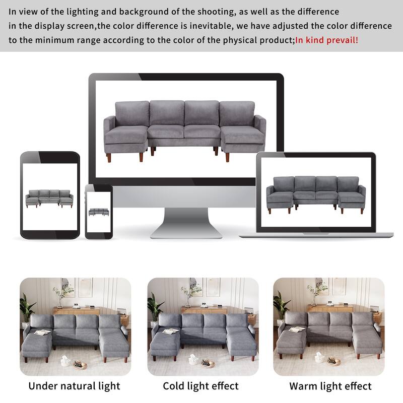 Grey 103'' Versatile U-Shaped 4-Seat Sectional Sofa with 2 Chaises, Solid Wood Legs, and Spacious Seating Areas