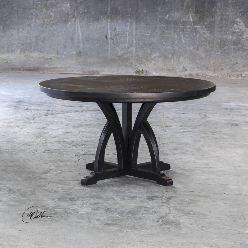 56" Maiva Round Black Mango Wood Dining Table with Arched Base Design