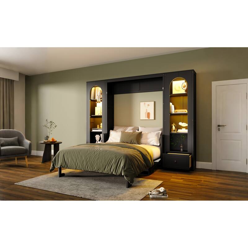 Roomfitters Queen Size Murphy Platform Bed with Side Cabinets and Drawers, LED Lights, Black