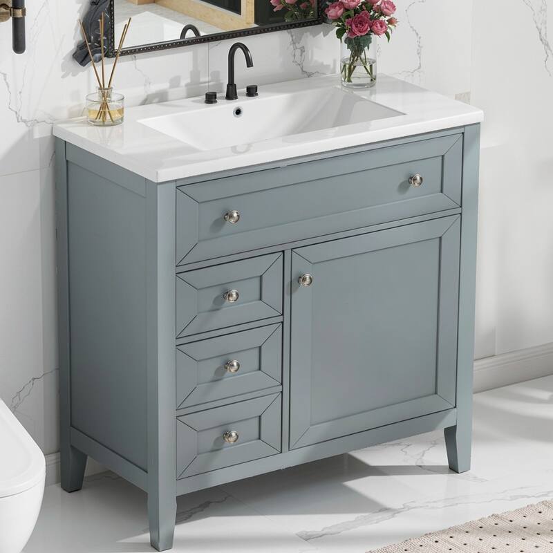 Solid Wood Bathroom Vanity with Ceramic Undermount Sink - 12" Soft-Close Drawer Slides, Flip Bin + Single Drawer - White