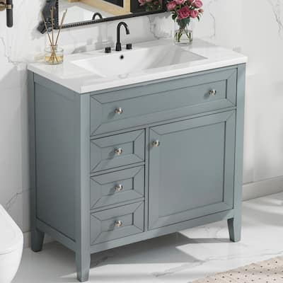 Solid Wood Bathroom Vanity with Ceramic Undermount Sink - 12" Soft-Close Drawer Slides, Flip Bin + Single Drawer