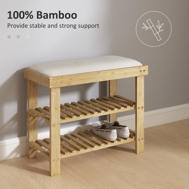 HOMCOM Bamboo Shoe Bench, 3-Tier Entryway Bench with Storage and Cushion, Shoe Organizer for Entryway, Hallway