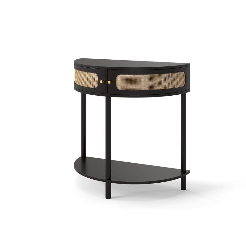 GDFStudio - Unique Half Moon Design End Table with Sliding Rattan Door, Semi-Circle Console Table with 2 Rattan Storage Drawers