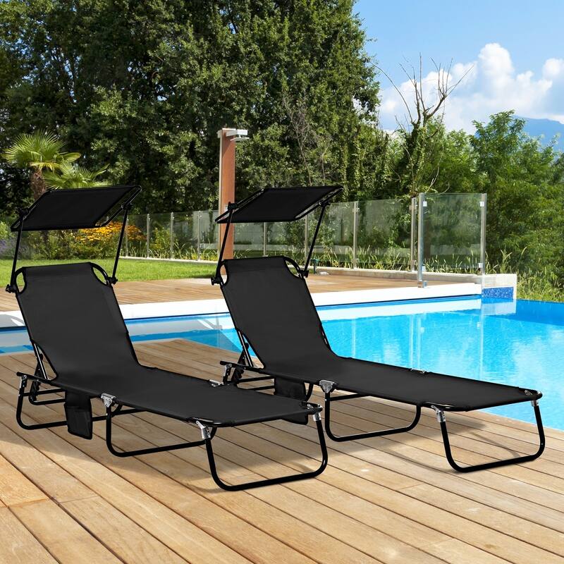 Outdoor Folding Recliner with Side Pocket and Awning