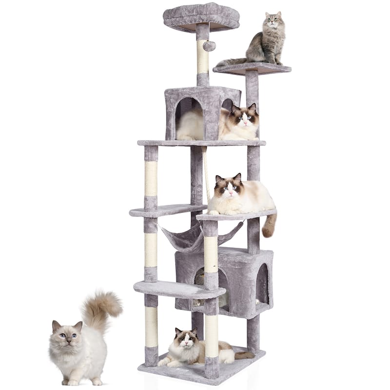Cat Tree for Indoor Cats, 72" Cat Tower with 2 Cat Condos, Sisal Scratching Post, Hammock, Top Perch, Jumping Platforms - 72" - Light Grey