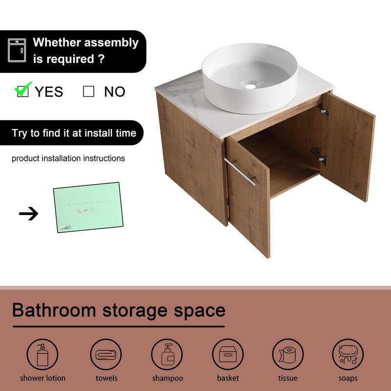 BNK 24"/30" Single Sink Bathroom Vanity with Soft Close Door, Modern Floating Vanity