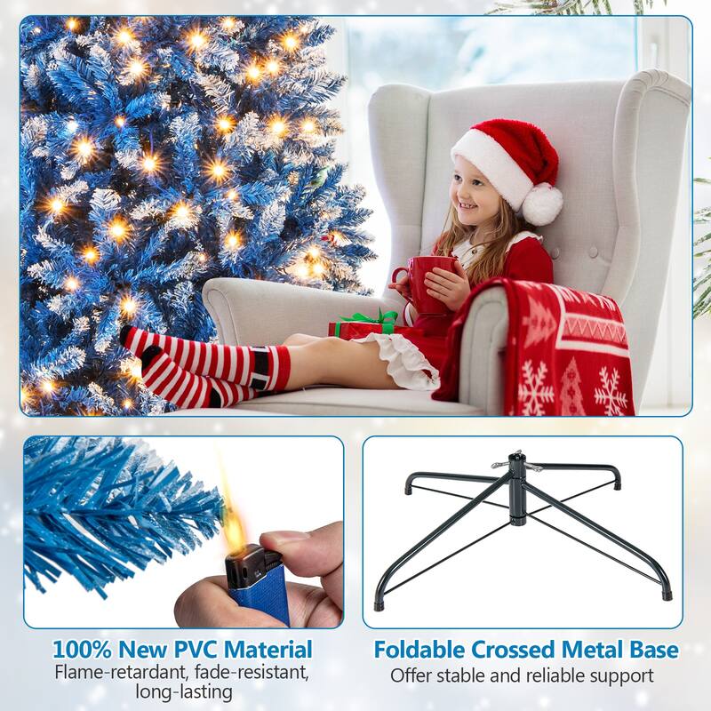 Gymax Pre-Lit Artificial Christmas Tree Blue Hinged Xmas Tree w/