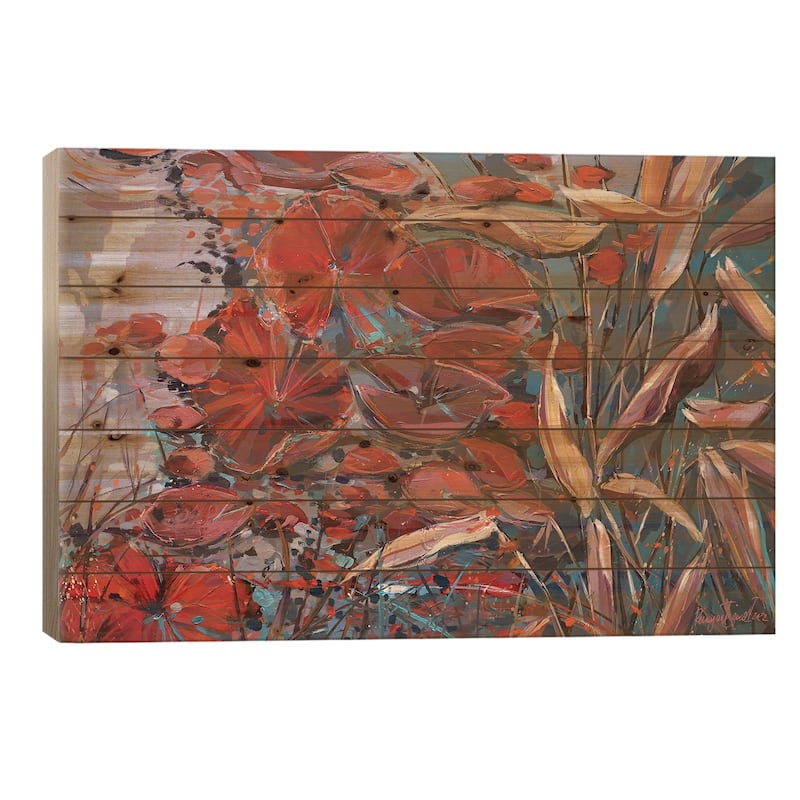 Red Water Lilies Print On Wood by Irina Rumyantseva - Multi-Color - 18x26x1.5