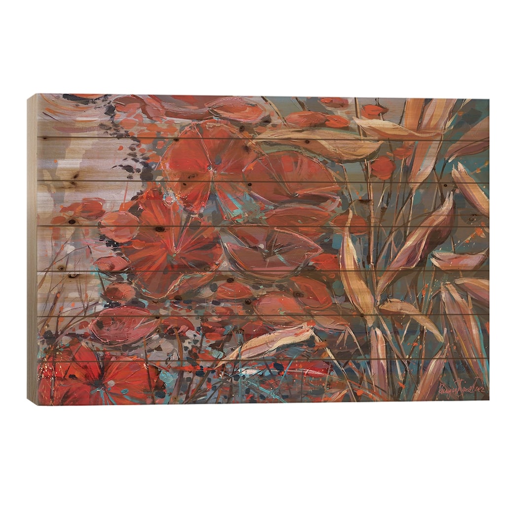 Red Water Lilies Print On Wood by Irina Rumyantseva - Multi-Color