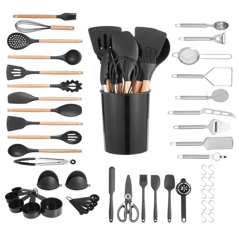 Silicone Non-Stick Kitchen Utensil Set with Wooden Handle and Heat-Resistant Cooking Tools