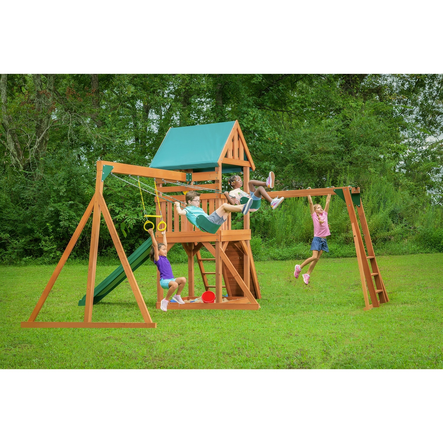 Mountain View Swing Set with Tarp Roof, Climbing Wall, Monkey Bars