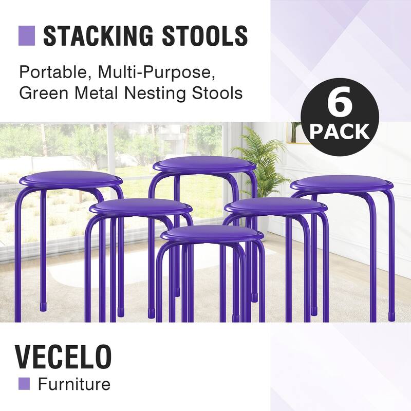 VECELO 6-Pack Stacking Stools for Living Room Backless Round Stools Set Indoor Outdoor Use with Metal Frame & Non-Slip Feet