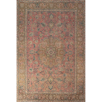 Pink Floral Tabriz Persian Vintage Rug Hand-Knotted Wool Carpet - 6'6" x 9'8"