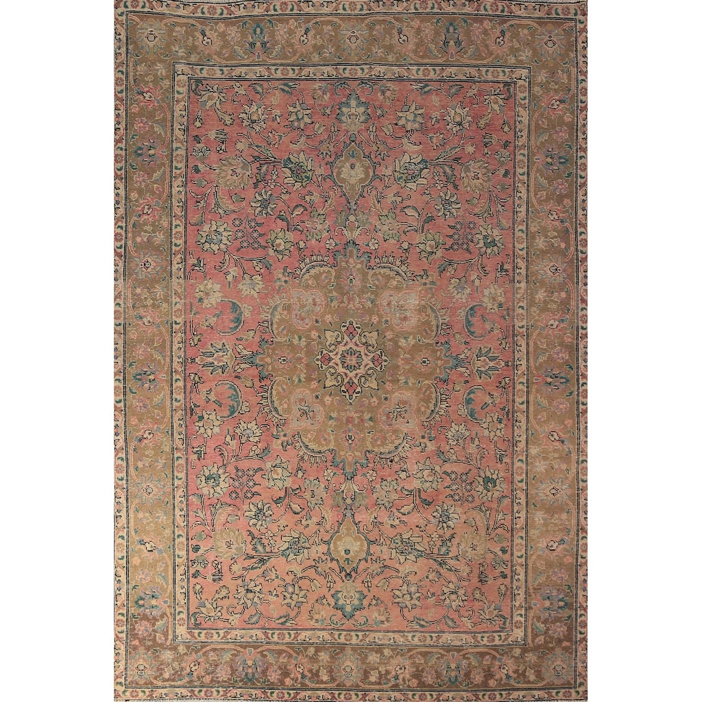 Pink Floral Tabriz Persian Vintage Rug Hand-Knotted Wool Carpet - 6'6" x 9'8"