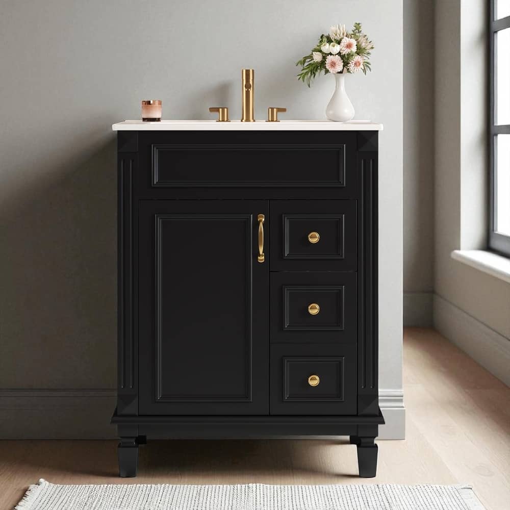 24" Bathroom Vanity with Ceramic Sink, Modern Small Cabinet with 2 Drawers and Shelf, Soft-Closing Door