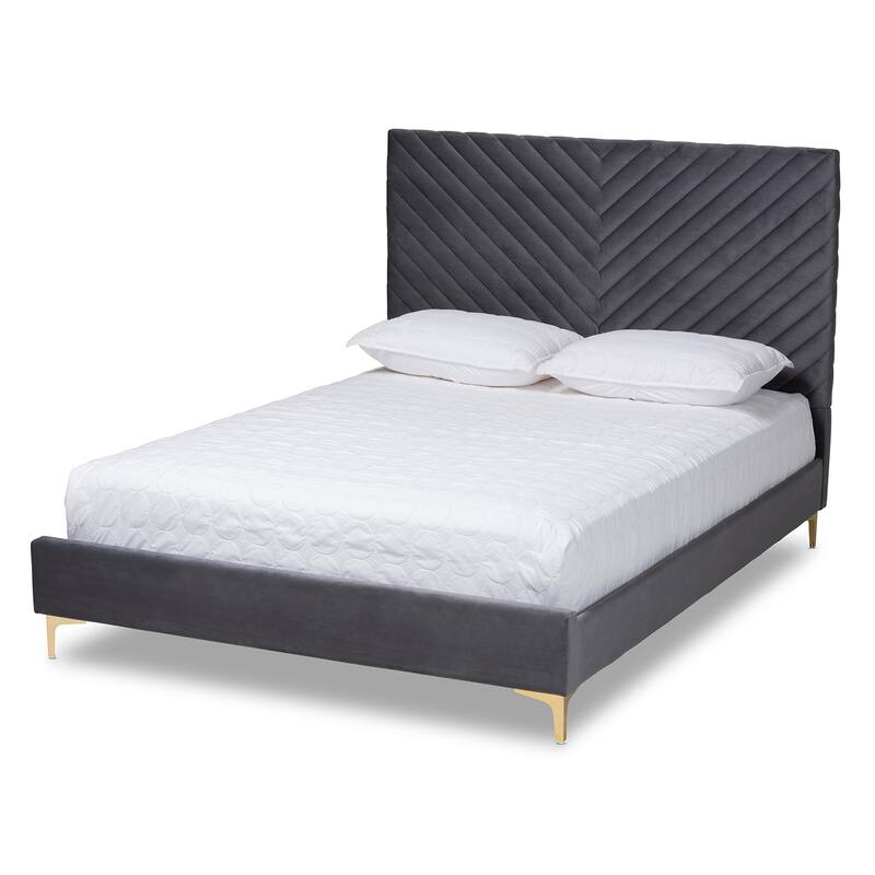 Fabrico Glam & Luxe Velvet Upholstered Metal Platform Bed - Grey, Gold - Queen