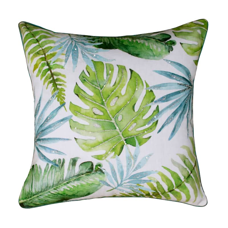 Sevita Hand-Woven Green/Blue Tropical Leaves Polyester Throw Pillow, 20" x 20"