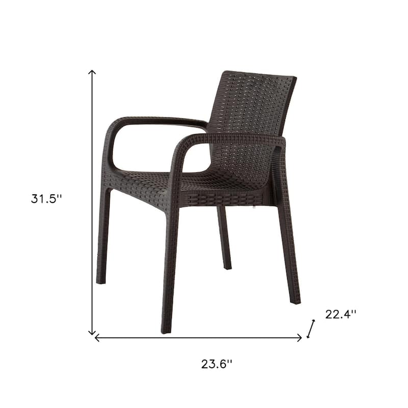 HomeRoots Set of Two Brown Faux Rattan Heavy Duty Plastic Outdoor Stacking Arm Chairs