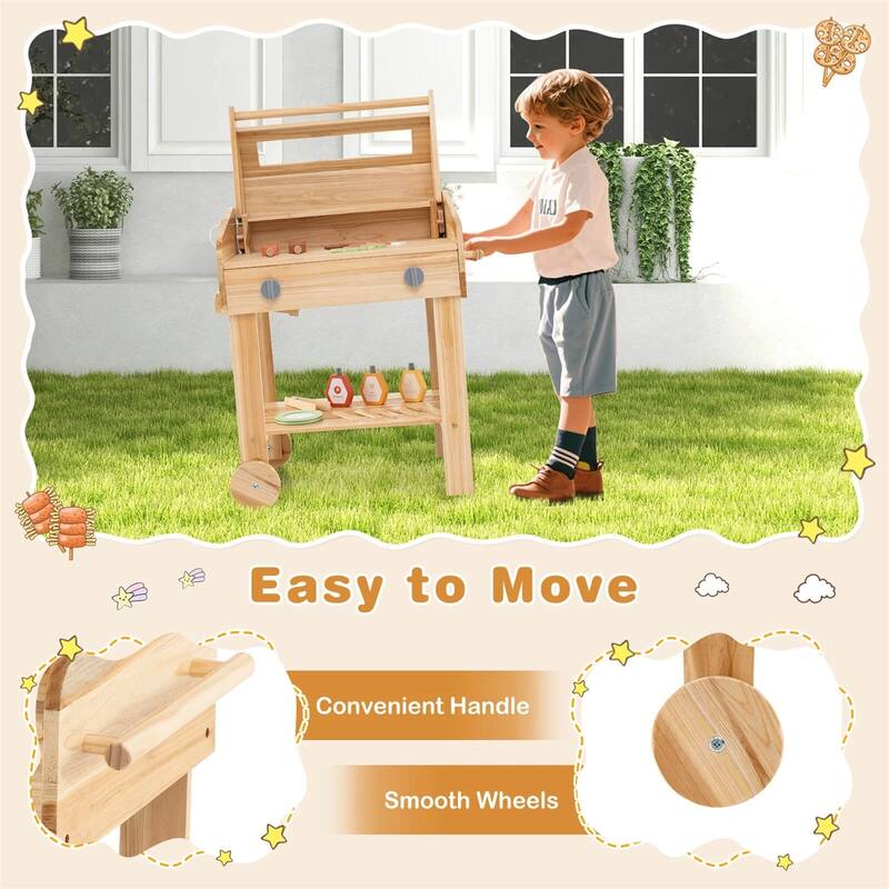 Kids Wooden BBQ Grill Playset with Accessories Side Trays and Storage Natural Pretend Outdoor Cooking Toy
