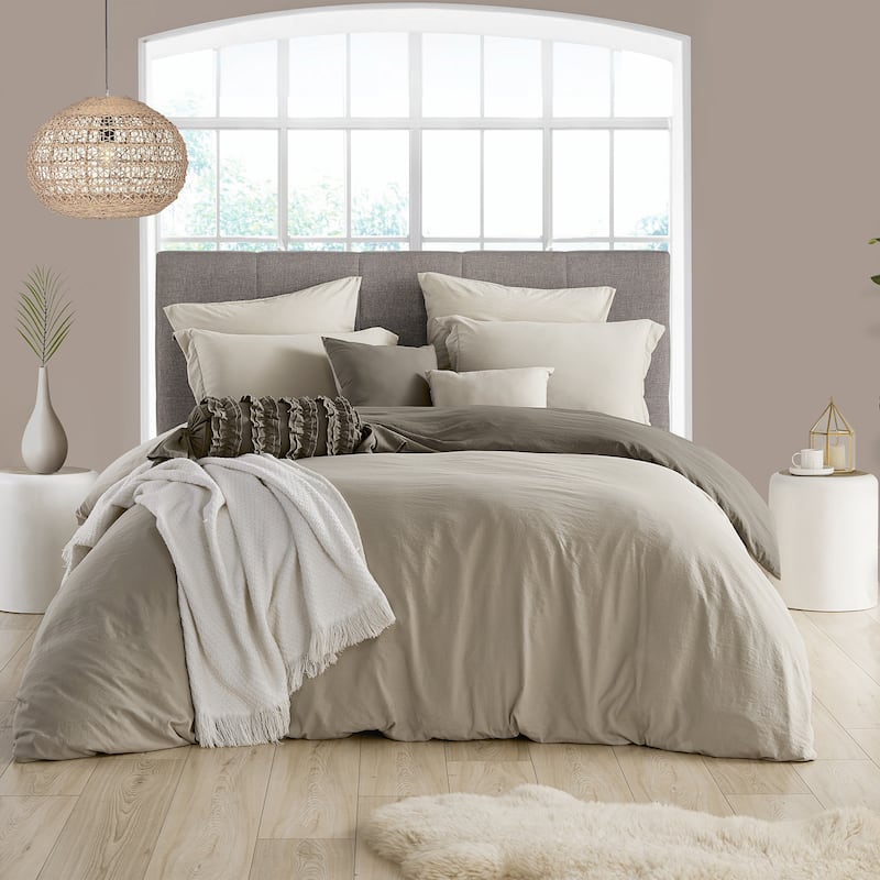 Swift Home Extra Soft Reversible Crinkle Microfiber Duvet Cover Set (Comforter Not Included) - Khaki - Queen