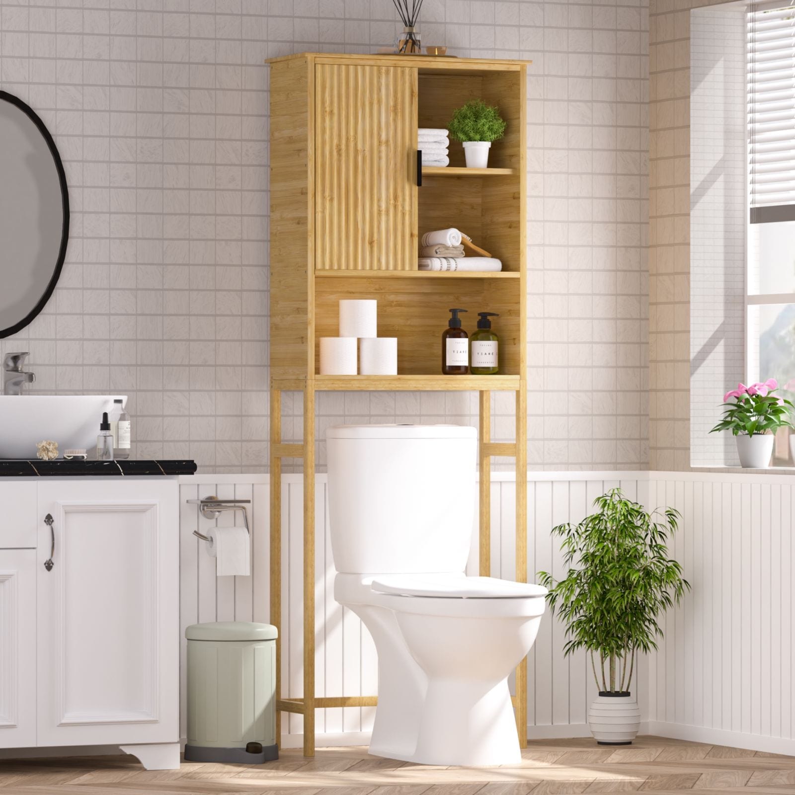 VEIKOUS 66.9 in. H x 9.5 in. D x 24.4 in. Bamboo Over The Toilet Storage Cabinet with Sliding Door
