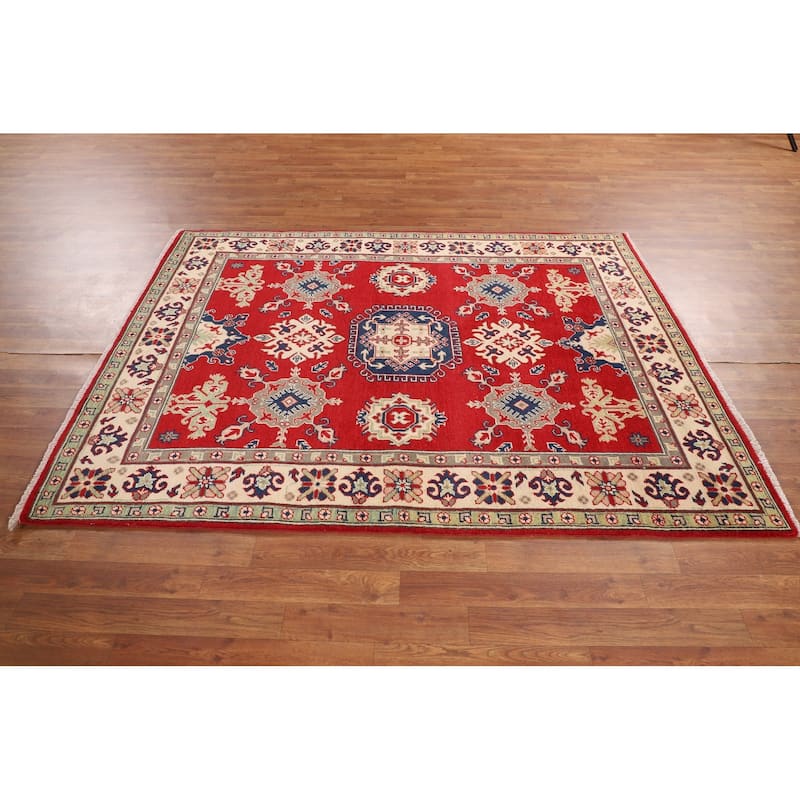 Traditional Red Kazak Area Rug Hand-Knotted Oriental Wool Carpet - 4'11" x 6'4"