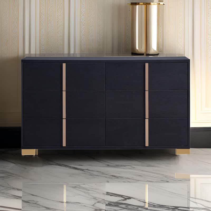 Dex 59 Inch Wide Dresser, 6 Drawers with Long Vertical Gold Handles, Black