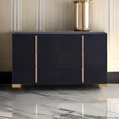 Dex 59 Inch Wide Dresser, 6 Drawers with Long Vertical Gold Handles, Black