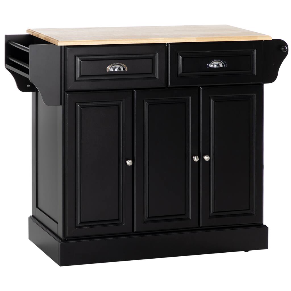 Rolling Kitchen Island with Storage, Kitchen cart with Wheels and Wood Countertop, Utility cart with 2 Drawers, 3 Cabinets