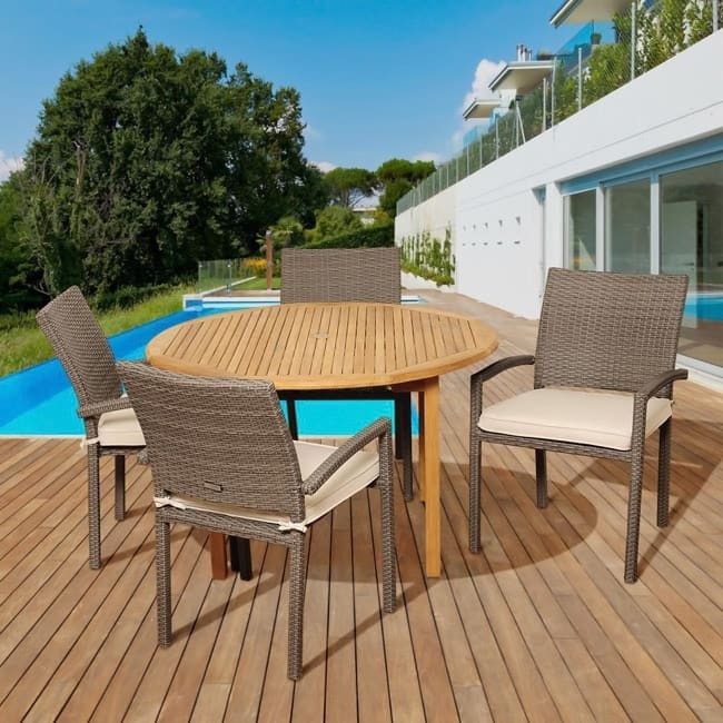 Amazonia Teak Amanda 5-piece Teak and Wicker Dining Set - 5 Piece - Arm Grey Chairs w/ Off-white Cushions